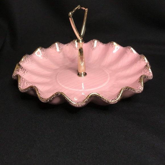 Vintage Pink Ruffled Edge Gold Gilded MCM Tidbit Serving Tray California Pottery - Picture 1 of 11